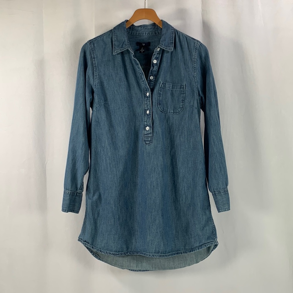 Gap Denim Pullover 1/2 Button Down Long Sleeve Blue Jean Shirt Mini Dress Size S
